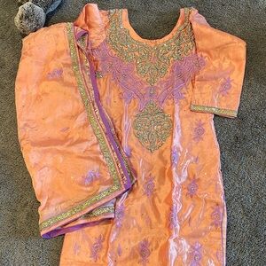 Salwar Kameez Peach and Purple Embroidered Salwar